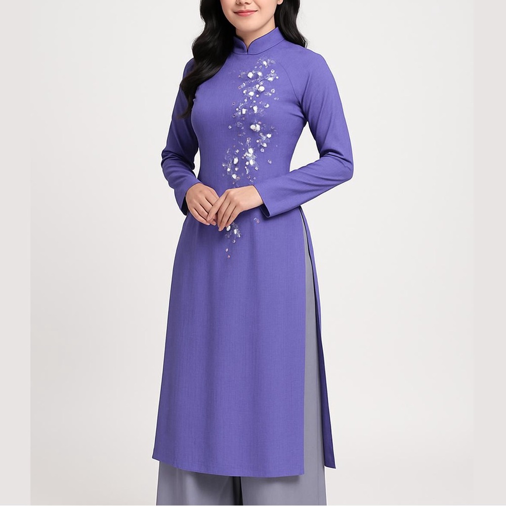 Light Purple Floral Accent Ao Dai Set of 3 Long Sleeve Top and Gray Pants
